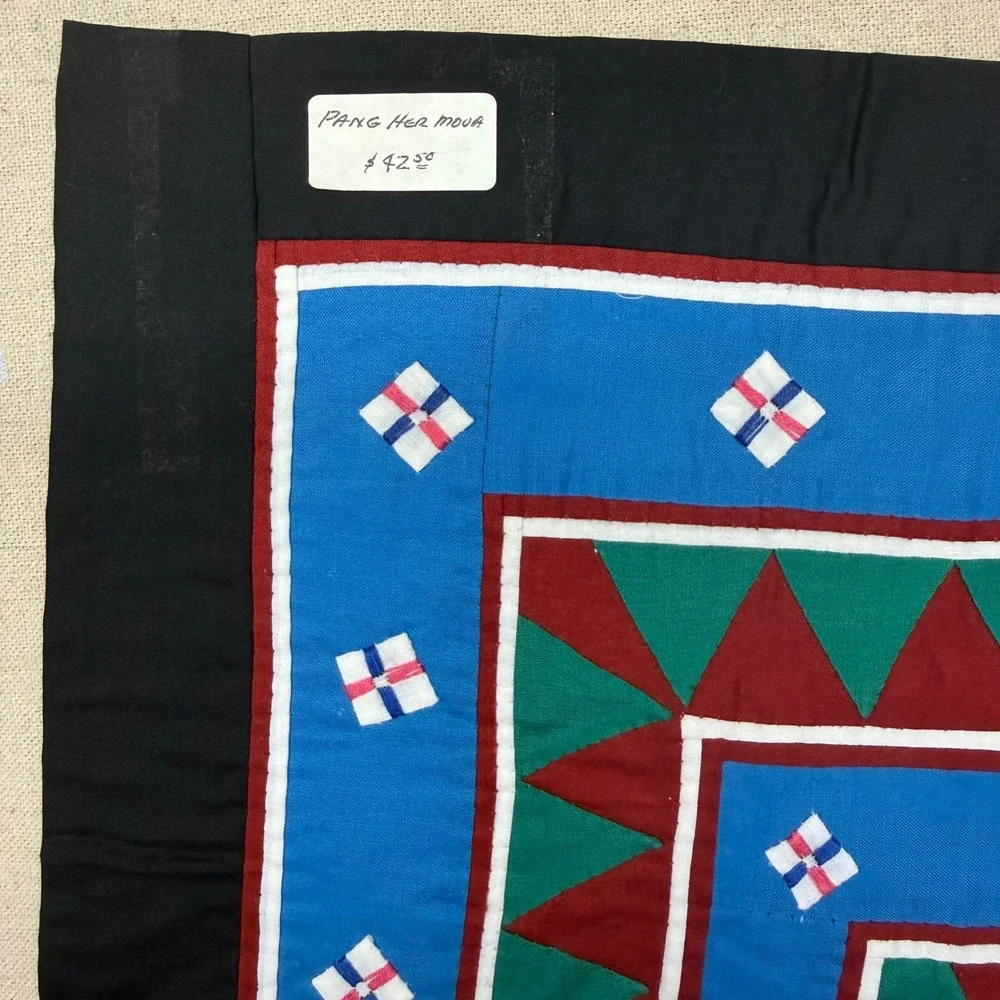 Vintage Hmong Paj Ntaub Story Cloth Hand Embroidered Wall Hanging 25x25 Blue Red